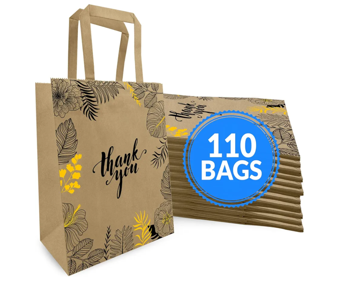 Reli. Paper Bags | 110 Pcs Bulk | 8"x4.5"x10.25" | Paper Thank You Bags | Brown Kraft Handles | Printed Small Thank You Giftbag for Guests | Gifts, Wedding, Merchandise, Business