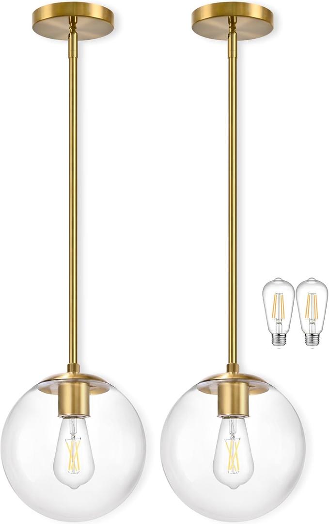 Bagood 10" Globe Pendant Light Gold 2 Pack Mid Century Pendant Light Globe Pendant Lights Kitchen Island Brushed Brass Finished with Clear Glass Adjustable Ceiling Light Fixtures for Dining Room Bar