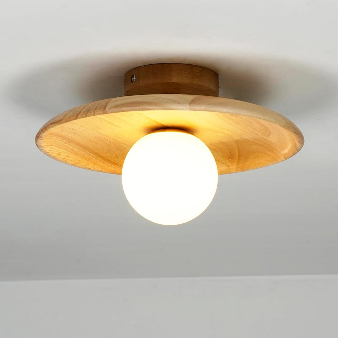 Wood Flush Mount Ceiling Light, Round Close to Ceiling Light, Small Ceiling Lamp for Corridor Hallway Entryway