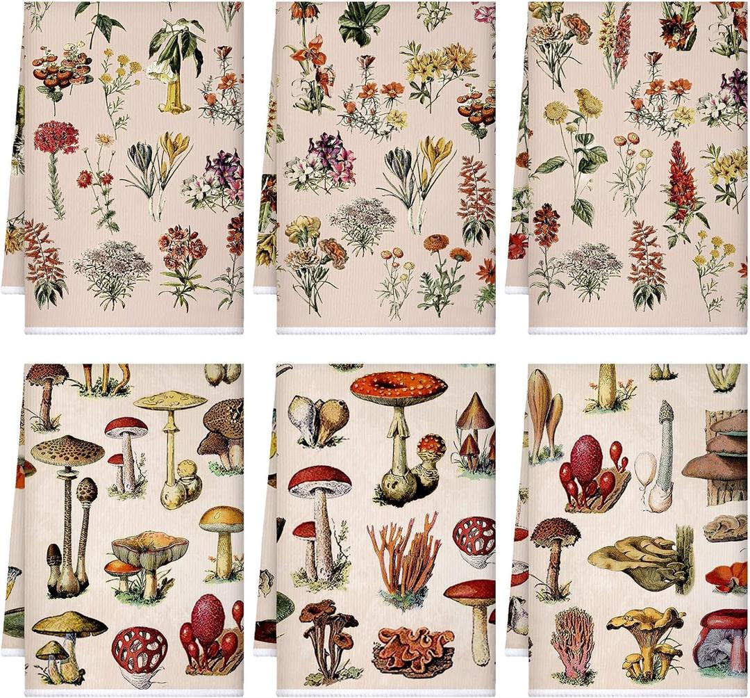 Boyiee Set of 6 Vintage Kitchen Towels Cottage Core Mushroom Dishtowels Wildflower Plants Tea Hand Towels 24"x16" Absorbent Floral Dishcloths for Holiday Kitchen Bathroom Farmhouse Housewarming Gifts