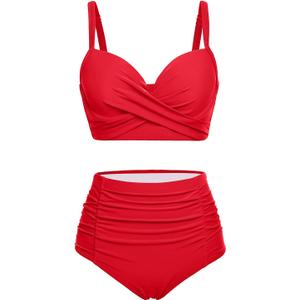 Yonique Women Underwire Bikini Set High Waisted Tummy Control Swimsuit 2 Piece Push Up Bathing Suit (Large, Solid Red)