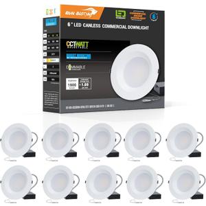Run Bison 6 Inch Recessed LED Commercial Downlight with J-Box, Wattage Adjustable 12/16/20W,3 Color Selectable 3000K-5000K, 120-277V,0-10V Dimmable, IC Rated,Canless LED Downlight - 10 Pack