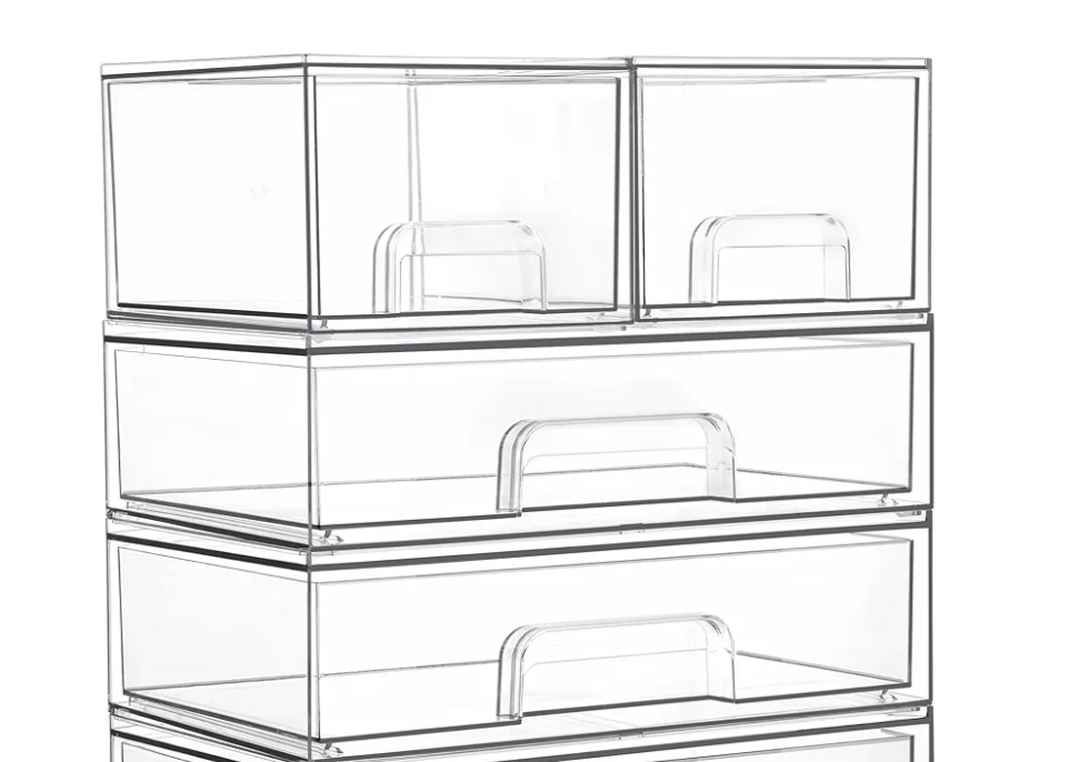 Vtopmart Stackable Storage Drawers Set of 4 Clear Plastic Organizer Bins for Bathroom Supplies,Ideal for Cabinet,Pantry,Laundry Room Organization