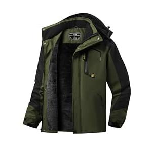 ASPO Men's Waterproof Ski Jacket Winter Warm Snow Coat Fleece lined Snowboard Hooded Mountain Windbreaker Raincoat Hiking Army Green XL