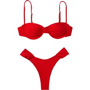 SweatyRocks Women's Two Piece Swimsuit Ruched High Cut Mid Rise Bikini Sets Swimwear (Red, M)