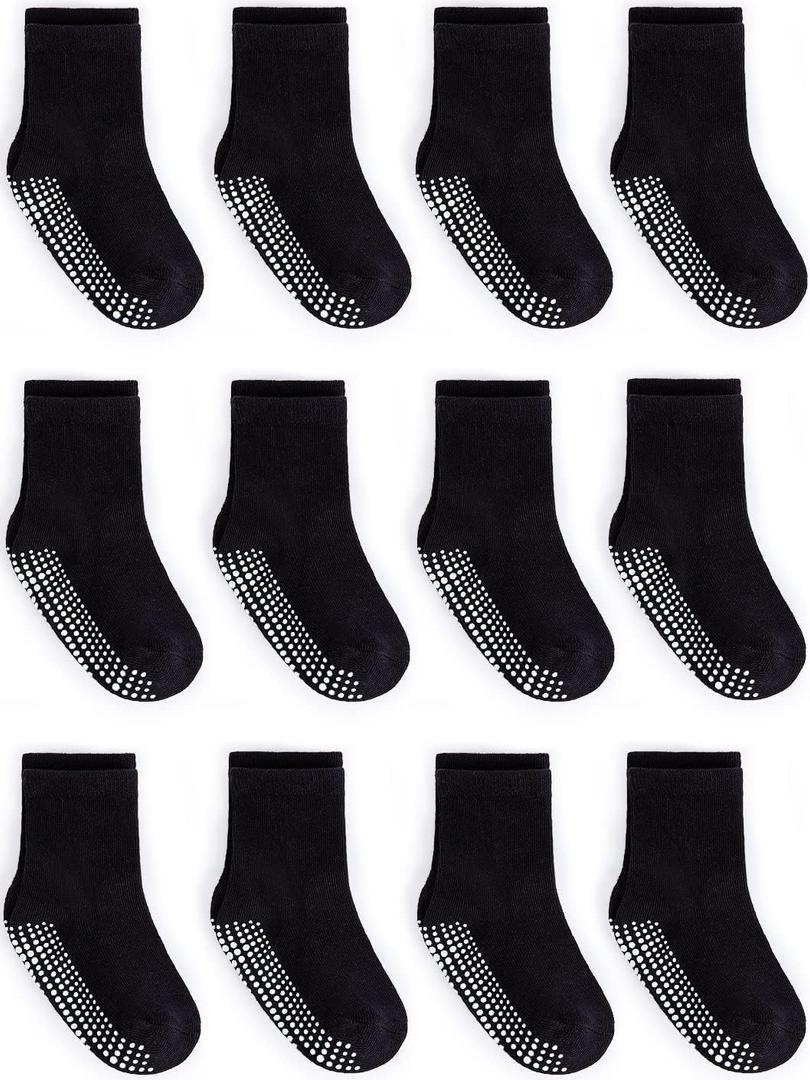 ZAPLES Baby Non Slip Grip Crew Socks with Anti Skid Soles for Infants Toddlers Kids Boys Girls (4-7 Years, Black)