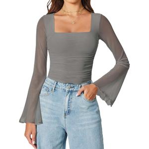 Avidlove Bodysuits for Women Long Bell Sleeve Mesh Square Neck Body Suits Going Out Tops Country Concert Outfits (XX-Large, Light Grey)