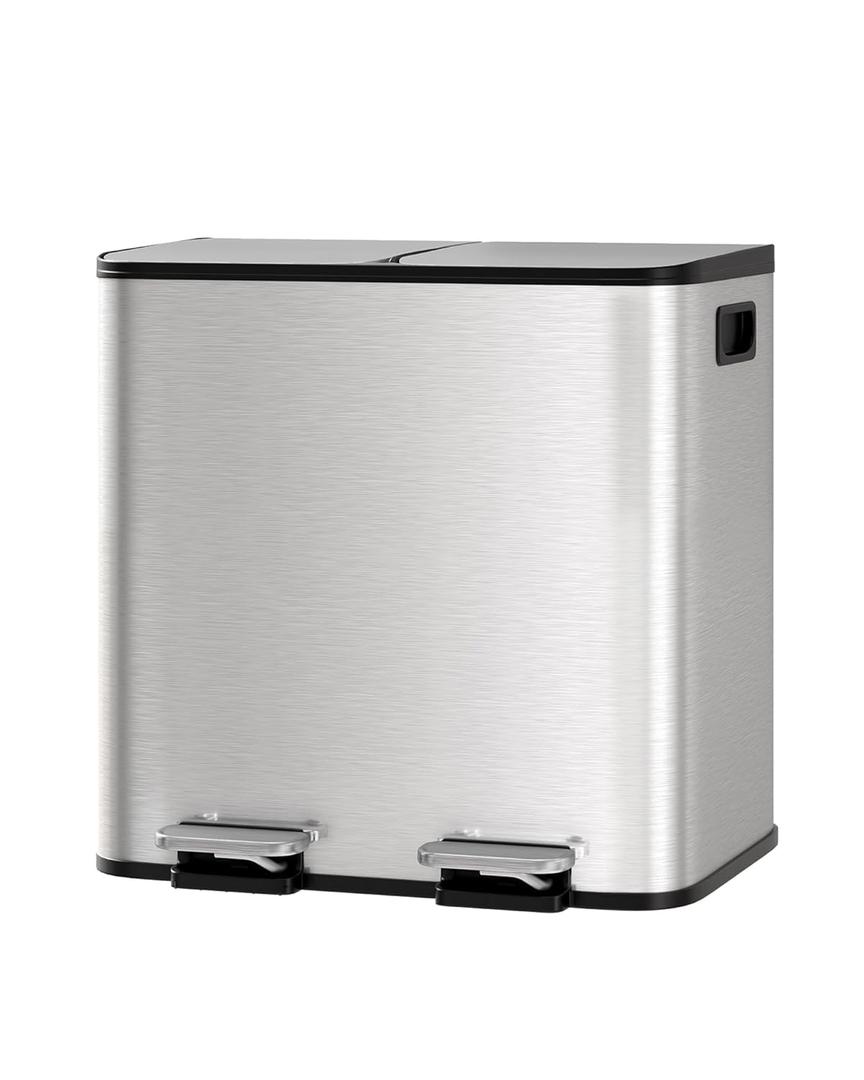 Garvee Trash Can, 2 x 4 gal (2 x 15 L) Garbage Can for Kitchen Dual Compartment Recycling Kitchen Step Trash Bin, Stainless Steel Trash and Recycle Bin Combo with Soft-Close Lid,Silver
