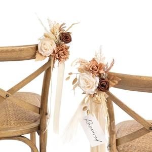 Ling's moment 8pcs Wedding Aisle Chair Decorations Artificial Pew Flowers Markers Arrangements with Cards Chiffon Ribbons Rust & Sepia Ceremony Chair Back Floral Decor Reception Church Party Outdoor