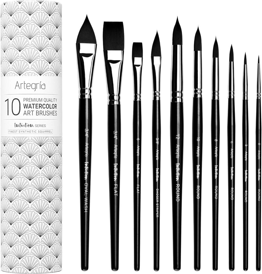 ARTEGRIA Watercolor Brush Set, 10 Soft Synthetic Squirrel Paint Brushes, Including Pointed Rounds, Flats, Dagger, Oval Wash