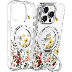 Loheckle for iPhone 15 Pro Max Case with Stand- Compatible with MagSafe Women Girls Cute Clear Girly Aesthetic Unique Design Soft TPU Magnetic Ring Phone Cover for Apple 15 Promax, Flower (Retro Floral)