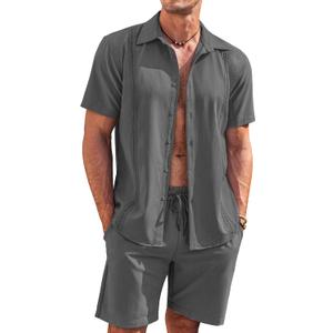 COOFANDY Men's 2 Piece Short Set Cuban Guayabera Shirts Short Sleeve Casual Beach Outfits Set (M)