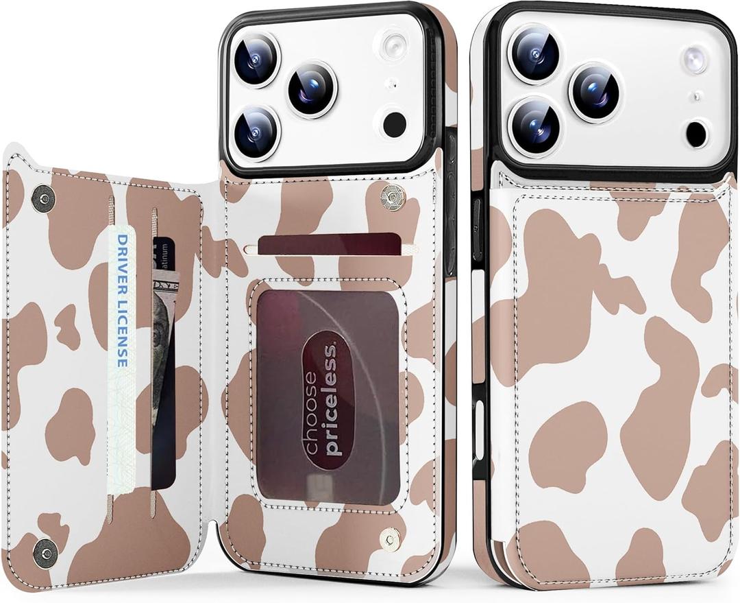 TopPerfekt for iPhone 17 Pro Wallet Case with Card Holder, Military-Grade Drop Protection, Flip PU Leather Built, Double Magnetic Clasp Durable Shockproof for iP17 Pro 6.3Inch Cover- Brown Cow Pattern