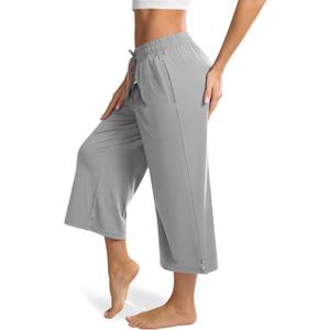 Maxbee Wide Leg Capri Pants for Women Loose Yoga Pants Drawstring Comfy Lounge Sweatpants with Pockets (Large, Grey)
