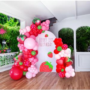 Red and Pink Strawberry balloon garland kit 120pcs with large maylar Strawberry balloon for Berry first Sweet One baby girl fruit theme 1st Birthday Party Decorations