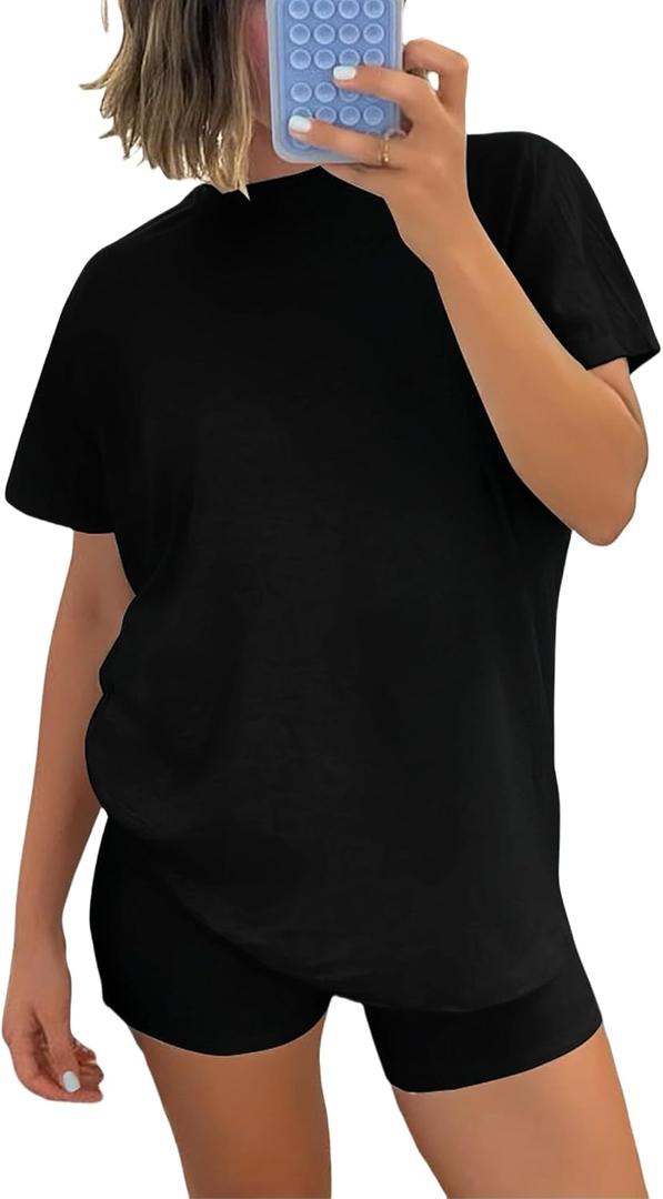 AYWA 2 Piece Sets for Women Summer 2025 Two Piece Lounge Sets Casual Oversized T-Shirt and Biker Shorts Loungewear (Large, Black)