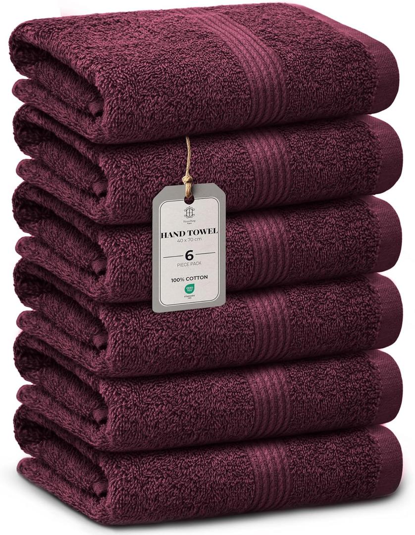 Luxe 6-Piece Hand Towel Set Soft & Absorbent Cotton, Hotel Quality, Quick-Drying, Easy Care, 16 x 28 in, Velvet Wine