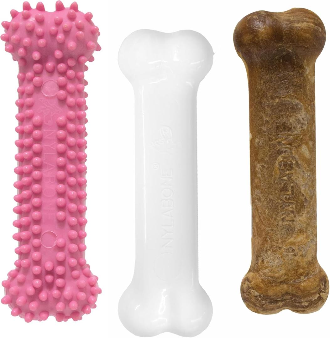 Nylabone Puppy Chew Toys & Natural Treat Triple Pack, Teething Enrichment Toys, Chicken & Bacon Flavor, Small Dogs - Up to 25 lbs (3 Pack) (Pink)