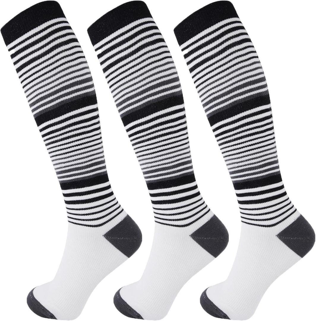 +MD Compression Socks for Women Men, 3 Pairs 15-20mmHg Knee High Support Cushion Socks for Pregnant Nurses Travel (Medium, White/Striped)