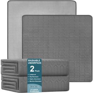 Washable Underpads (34x36 Inch) - Waterproof Reusable Bed Underpads, Heavy Absorbency Incontinence Bed Pads for Adults, Kids, Elderly, and Pets, Leakproof & Non-Slip Mattress Pad for Bedwetting (Gray)