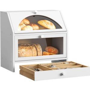 BMOSU Bread Box for Kitchen Countertop Corner Bread Box Bamboo Extra Large Double Layer Bread Storage Bin with Silverware Drawer Organizer (Transparent Door)