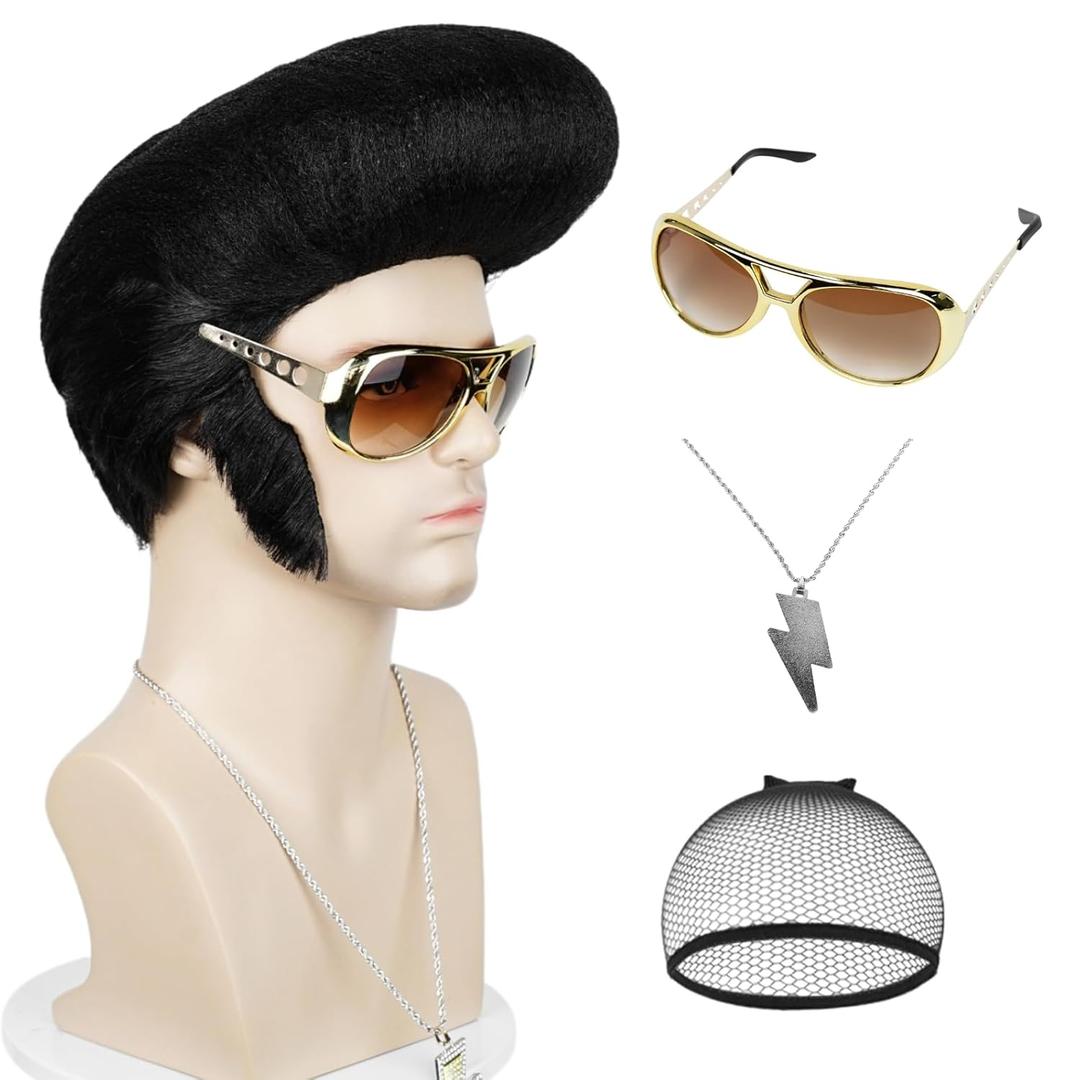 Pre-styled Man Wig and Glasses Necklace, Black Wig with Sideburns Men 50s Rock Star Disco Singer Hair Wig Rocker Costume for Halloween Cosplay Party + Cap