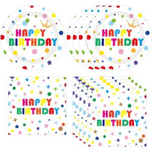 2 x 40Pcs Happy Birthday Plates and Napkins Set, Disposable Polka Dot Paper Plates Party Plates and Napkins for Birthday Party Supplies Tableware Set