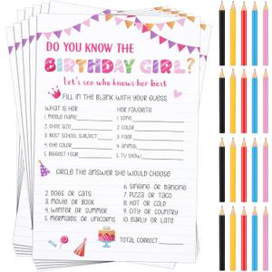 Marspark 50 Pcs Who Knows The Birthday Girl Best Pink Birthday Party Game Cards Set with 20 Pcs Cute Pencils for Teens Girls Night Sweet Sleepover Party Supplies