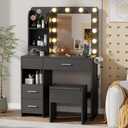 Vanity Desk with LED Lighted Mirror&Power Outlet, 3 Lighting Colors Makeup Vanity Desk with 5 Large Drawers and 3 Storage Shelves, Black Vanity Dresser with Storage Stool for Bedroom