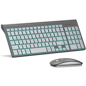 Wireless Keyboard and Mouse Ultra Slim Combo, TopMate 2.4G Silent Compact USB 2400DPI Mouse and Scissor Switch Backlit Keyboard Set, for PC/Laptop/Windows/Mac/Gaming - Gray Silver