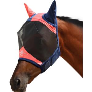 Harrison Howard Pro Luminous Horse Fly Mask Large Eye Space Half Face with Ears UV Protection for Horse Coral Orange/Navy L