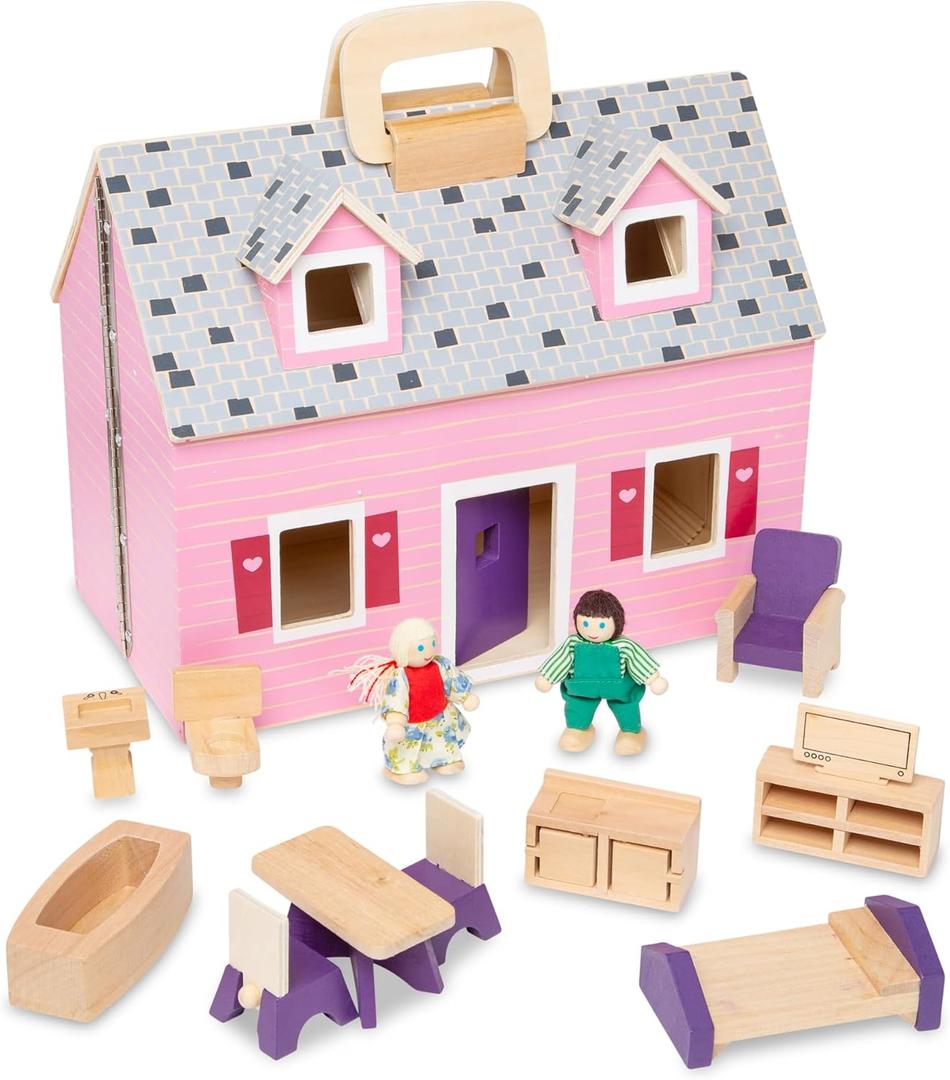 Melissa & Doug Fold & Go Wooden Dollhouse with 2 Dolls and 11 Pieces of Furniture - Portable Mini Doll House with Accessories and Toy Figures, Ages 3+