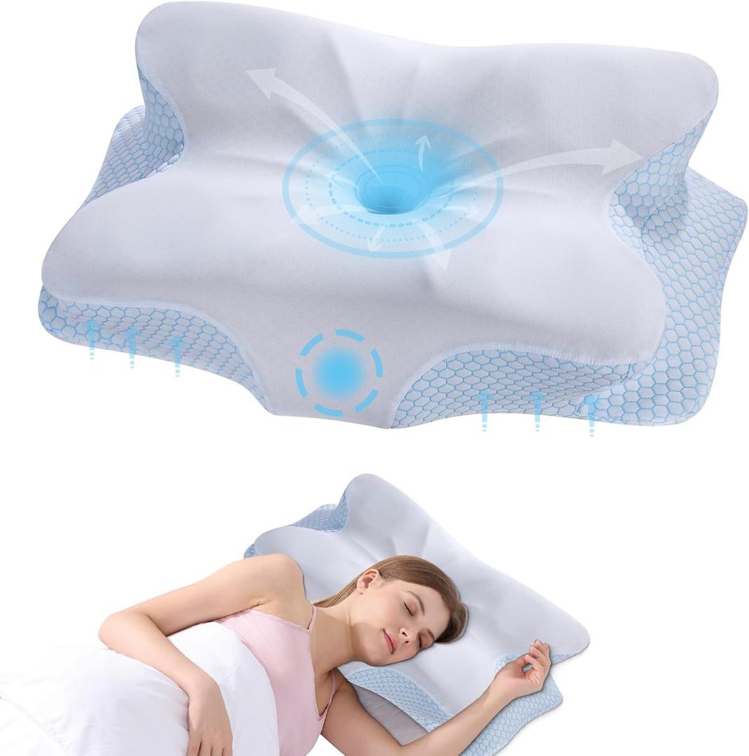 Cervical Neck Pillow - Memory Foam Pillow for Neck Support and Pain Relief, Ergonomic Contour Pillow for Side Back and Stomach Sleepers, Soft and Cooling Ice Silk Washable Pillowcase (White-blue)