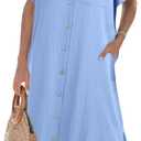 Zeagoo Women Dresses Summer Casual Short Sleeve Button Down Shirt Dresses 2025 Beach Cover Up with Pockets (Large, Light Blue)