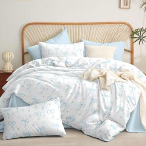 Bow Twin Comforter Set - Light Blue Bow Quilt Bedding Set 2 Pieces, Comforter Set Twin Size, Soft & Lightweight Comforter(68 x 90) for Girl All Season & 1 Pillow Case(30x20)