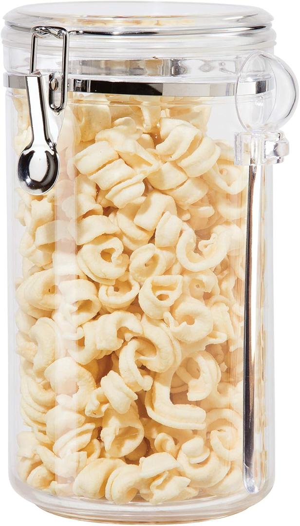Oggi Clear Canister Airtight 72oz - Clamp Lid & Spoon - Airtight Food Storage Container, for Kitchen & Pantry Storage of Bulk, Dry Foods, Pasta, Flour, Sugar, Coffee, Rice, Tea, Spices & Herbs (72 Fluid Ounces)