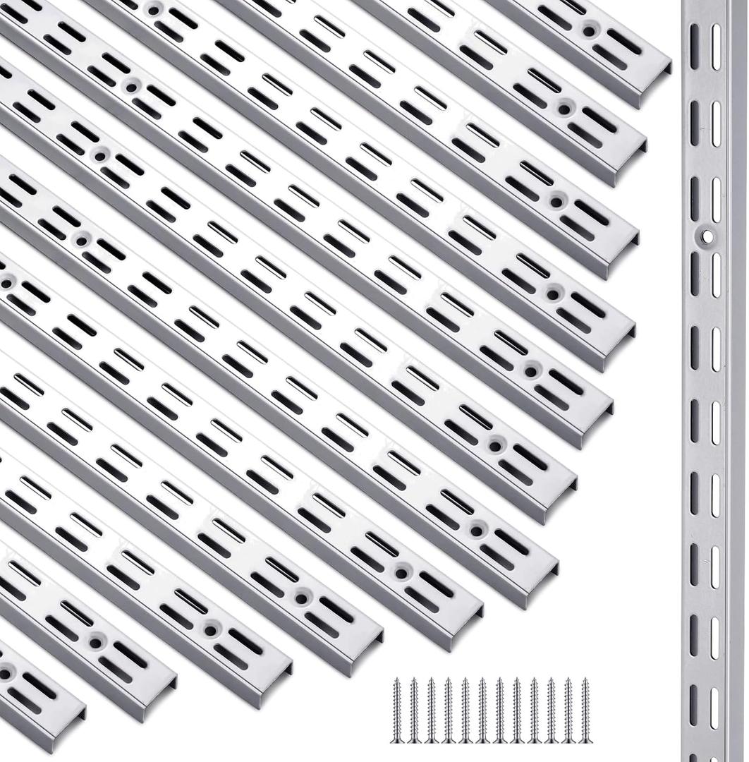 MorningRo 12 Pack 47.5 Inch Dual Track Upright Wall Shelving System Shelf Bracket Twin Slot Shelf Rail Dual Track Upright Heavy Duty Support System for Pantries, Linen Closets, Laundry Rooms(Silver)