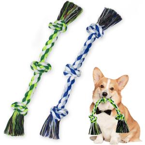 [2 Pack] Dog Rope Toys, Dog Chew Toy for Medium and Small Dogs, 3 Knots Heavy Duty Puppy Rope Toy, 100% Cotton Tug of War Dog Toys for Boredom, Teeth Cleaning (blue+green)