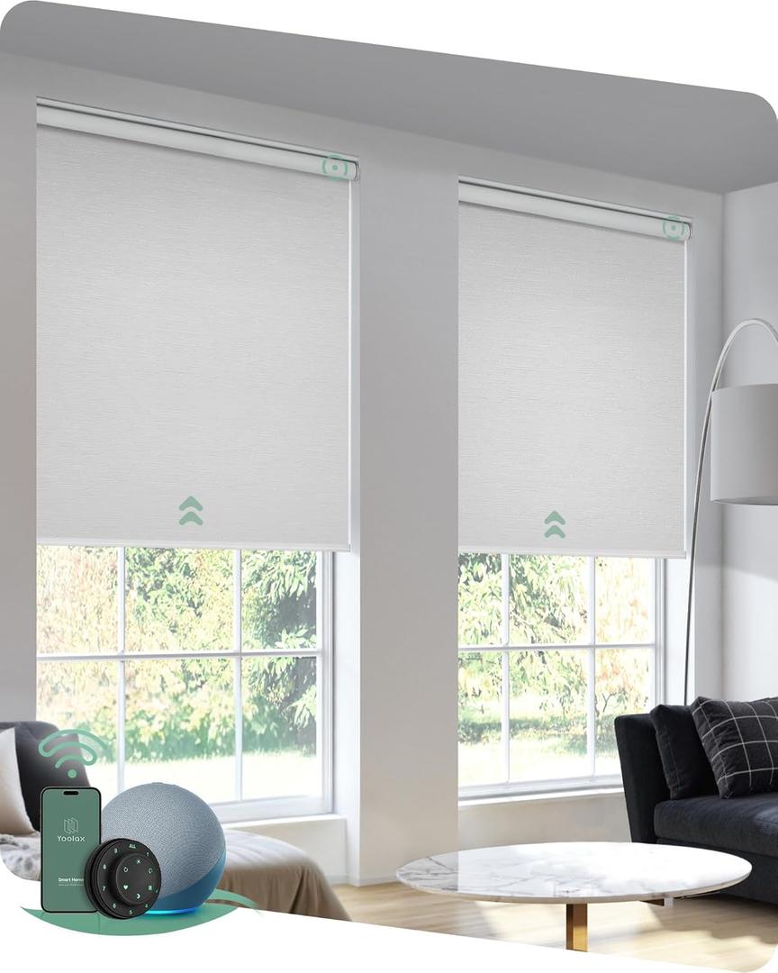 Yoolax Motorized Blinds with Remote, Blackout Smart Blinds for Windows Motorized Roller Shades, Automatic Window Shades Work with Alexa for Bedroom Office Kitchen (Jacquard White, 23" W x 72" H) (23"W x 72"H, Jacquard White)