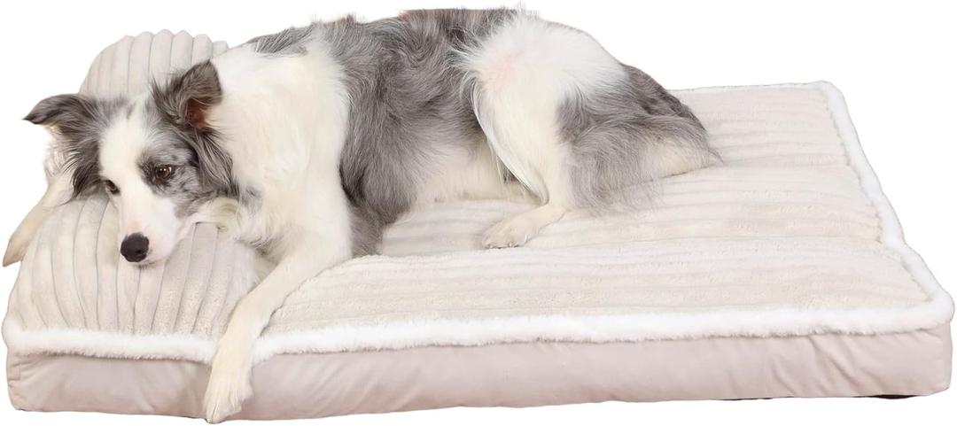 Orthopedic Dog Bed Pillow with Removable Cover & Shredded Memory Foam  Luxurious Plush Design, Non-Slip Base, Machine-Washable for Dogs Up to 65 lbs (L(36"x23"x3"), Cream)