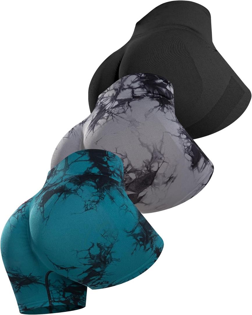 ATHVOTAR Workout Gym Biker Shorts Women: High Waisted Seamless Sports Running Butt Lifting Shorts Sets (Small, Black/Tie Dye Black/Tie Dye Green)