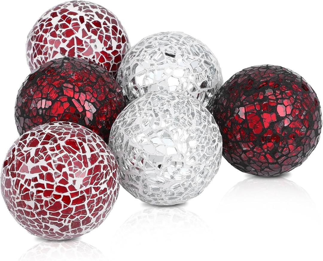6 Pcs Decorative Glass Balls, 2.5 Inch Mosaic Orbs for Centerpieces, Mixed Color Table Spheres for Home Decor, Vase Fillers, and Wedding Bowl Decorations