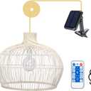 Solar Outdoor Chandelier, 17.3"" Outdoor Pendant Lights Rattan Solar Hanging Lights Large Rattan Ceiling Light with Remote 4 Modes Lighting Waterproof Lighted for Garden Porch Patio Kitchen, White