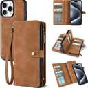 TwoHead Wallet Case Compatible with iPhone 15 Pro, Detachable Magnetic Phone Case, All-Round Protective Leather Phone Case with Card Holder,6.1 in, Brown
