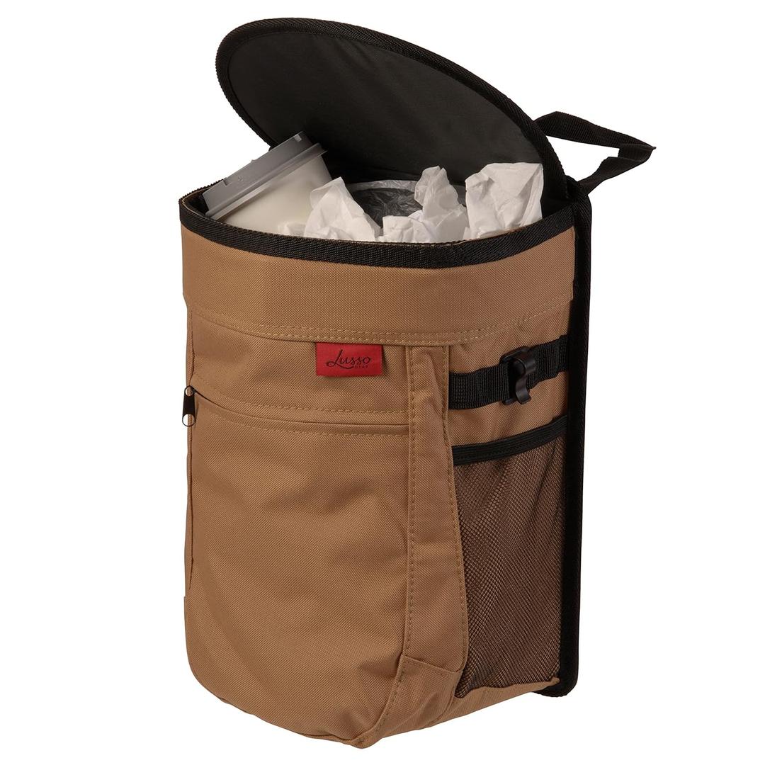 Lusso Gear Spill-Proof Car Trash Can - Easy to Clean Hanging Garbage Bin - Leak-Proof Lid, Removable Liner, Waterproof - Keeps Truck, SUV, Car, Minivan Clean & Odor Free - 2.5 Gallon Tan Car Trash Can (Tan)