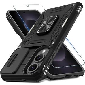 3 x DEERLAMN Case for Samsung Galaxy S25 Edge with Slide Camera Cover+Screen Protector (1 Pack), Rotated Ring Kickstand Military Grade Shockproof Protective Cover-Black (S25 Edge-6.7 Inch)