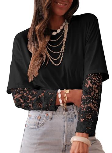 LOLONG Black Long Sleeve Shirt for Woman Fall Crew Neck Tops Ladies Casual Lace Sleeve Solid Basic Tees, XXL