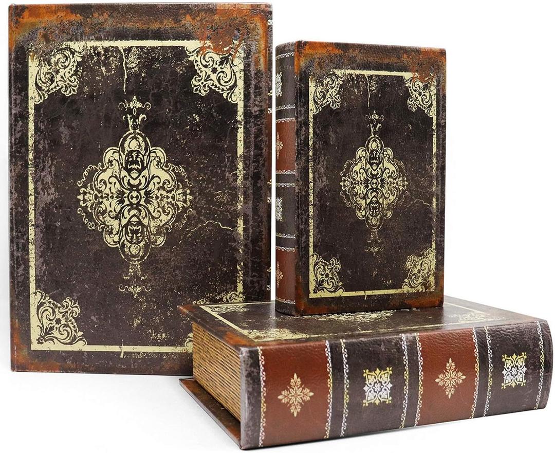 Jolitac Wooden Decorative Book Boxes 3-Pack - Vintage Style Secret Storage Boxes Handcrafted Wooden Storage Containers with Rustic Magnetic Closure for Jewelry & Keepsakes (Dark Vintage)