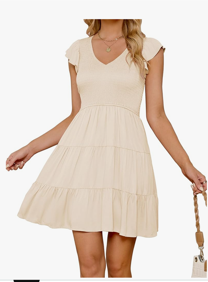 ZESICA Women's 2025 Summer Casual V Neck Flutter Sleeve Bohemian Ruffle Smocked A Line Swing Mini Dress, XL, Beige