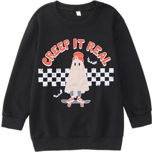 IZYJOY Kids Halloween Sweatshirt Girl Boy Funny Ghost Skateboard Creep It Real Crewneck Pullover Spooky Season Shirt Top (10-11 Years, Black)